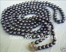 Free shipping natural 7-8mm black freshwater cultured pearl round beads high grade long chain necklace women jewelry 55" GE4504 2024 - buy cheap