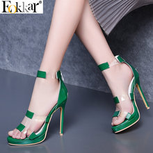 Eokkai sapatos de salto alto fino, calçado feminino de couro patenteado sexy para festa de salto alto com dedos abertos tamanho 34-45, 2019 2024 - compre barato