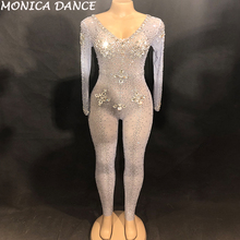 Women Sexy Stage Net Yarn Jumpsuit Big Glass Sparkling Crystals Bodysuit Nightclub Party Stage Wear Dancer Singer Bling Jumpsuit 2024 - buy cheap
