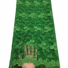 Африканская кружевная ткань 2019, Высококачественная зеленая золотая линия, кружево, французская сетчатая ткань, камни, нигерийская швейцарская кружевная ткань для платья 2024 - купить недорого