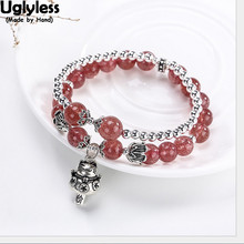 Uglyless 100% Real 925 Sterling Silver Lucky Cat Bracelets for Women Strawberry Quartz Pink Balls Beading Jewelry Elastic Rope 2024 - buy cheap