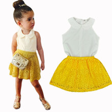 DFXD-ropa para niñas pequeñas, ropa de princesa blanca sin mangas, chaleco con cuello de muñeca, falda de Encaje amarillo Camisa +, conjuntos de ropa para niños 2024 - compra barato