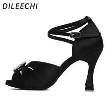 DILEECHI latin dance shoes black satin big rhinestones women patry Salsa Square Ballroom dancing shoes heel 8.5cm soft outsole 2024 - buy cheap