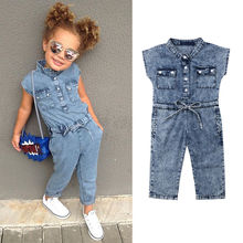 Newly Summer Toddler Baby Girls Fashion Casual Jumpsuits Denim Blue Short Sleeve Single Breasted Elastic Waist Belt Romper 1-6Y 2024 - buy cheap
