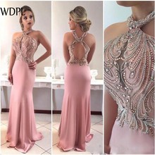 Sexy Backless Mermaid Prom Dresses Pink Halter robe e soiree Beaded Crystal Long Evening Gowns Saudi Arabic Formal Dresses 2019 2024 - buy cheap