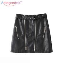 Aelegantmis Elegant Office Lady Black Mini Pu Leather Skirt with Belt Women Summer Zipper Short Skirt Ladies Casual A-line Skirt 2024 - buy cheap