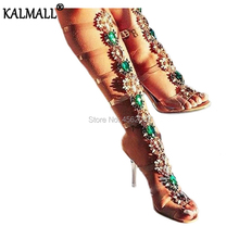 KALMALL Sexy Alças Transparentes Perspex Saltos Altos Transparente Na Altura Do Joelho Botas De Cano Alto Sapatos De Cristal de Verão Mulheres Sandálias Gladiador Strass 2024 - compre barato