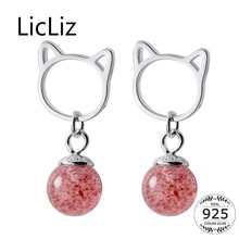 LicLiz New 925 Sterling Silver Cat Ear Drop Earrings for Women Cute Pink Strawberry Quartz New Earring White Gold Jewelry LE0467 2024 - buy cheap