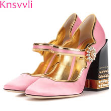 Knsvvli sheepskin one word buckle rivet chunky heel women pumps flower crystal buckle fashion pink high heel woman shoes 2024 - buy cheap
