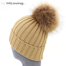 2016 Winter Knitted Beanie Hats for Women With Real Raccoon Fur Hats Soft Womens Winter Acrylic beanies with Fur Ball Hat 2024 - buy cheap