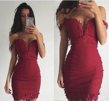 Burgundy Cocktail Dresses Sheath Off The Shoulder Satin Lace Elegant Short Mini Party Homecoming Dresses 2024 - buy cheap