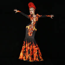 Женское длинное платье с 3d-рисунком пламени, оранжевое, черное, блестящее платье для выступлений, концертов, вечеринок, вечеринок, с кристаллами 2024 - купить недорого