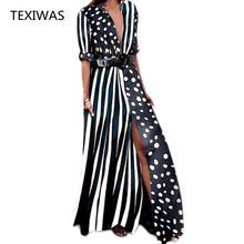 TEXIWAS элегантные вечерние платья Для женщин в горошек или в полоску В лоскутном стиле Colorblock (цветовой блок), с Боковым Разрезом длины макси платья платье Vestidos пляжное платье Femme 2024 - купить недорого
