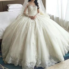 Luxury Ball Gown Wedding Gowns 2018 Illusion Long Sleeve Crystal Applique Dubai Arabic Bridal Gowns Custom Made Vestido de noiva 2024 - buy cheap