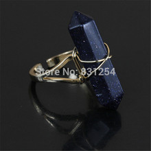 Anel de quartzo com pedra de areia azul e cristal natural, anel de dedo em cor dourada, enrolado com fio, charmoso para mulheres, 1 peça 2024 - compre barato