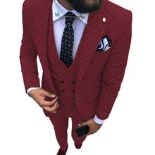 Men's Burgundy Suit 3 Pieces Spotted Notch Lapel Slim Fit Double Breasted Vest Tuxedos Groomsmen For Wedding(Blazer+vest+Pants) 2024 - buy cheap