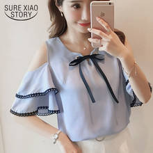 new 2019 summer chiffon women blouse shirt flare sleeve V neck feminina tops blue color bow women clothing shirt 0341 40 2024 - buy cheap