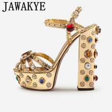 Rhinestone Platform Sandals Women Crystal Heel Summer Sandals Leather 2019 Gladiator Sandals women, for women, Summer party wedding dress shoes, genuine leather, buckle strap 2024 - buy cheap