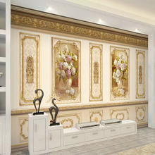 Fondo de lujo europeo personalizado para pared, Mural decorativo de papel pintado con flores doradas, 3D, para sala de estar, sofá, TV 2024 - compra barato