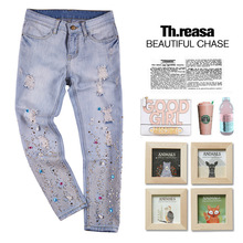New fashion stylish high quality 100% cotton denim pants colorful rhinestone hole Embroidered Flares  bleached loose jeans 2024 - buy cheap