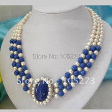 Stunning 3Rows AA 7-8MM White Freshwater Pearl Blue Lapis Lazuli Necklace 18'-20inch  Nice For Girl's Women's Gift Free Shipping 2024 - buy cheap