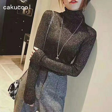 Cakucool Spring Women Knitted Shirt Turtleneck Slim tshirt Tops Silver Lurex Bling Korean Pullover Top Tees Femme Plus 9colors 2024 - buy cheap