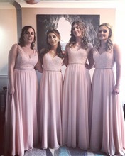 Robe demoiselle d'honneur Elegant V Neck A Line Lace Bridesmaid Dresses Chiffon Pink Prom Dresses Wedding Party Gown 2024 - buy cheap