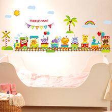DIY Caixa de Viagem Feliz Bandeiras Adesivos de Parede Presente Do Bebê Trem Animais Quartos Dos Miúdos Nursery Decalques Casa Arte Murais de Parede Papel De Parede 2024 - compre barato
