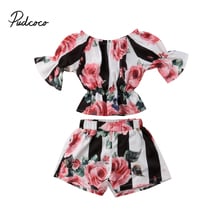 2PCS Set Toddler Kids Girl Summer Flare Sleeve Striped Floral Tops+Shorts Pant Outfits Children Clothes 1-6Y 2024 - buy cheap