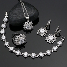 Conjunto de joyería de plata 925 para mujer, accesorios de boda de piedra blanca de cristal, anillo, pendientes, colgante, collar, pulsera 2024 - compra barato