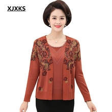 XJXKS 2022 Spring New Two-piece Set Casual Women Sweater Middle-aged Noble Plus Size Printing Cardigan Knitted Tops 2024 - buy cheap