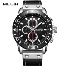 Мужские спортивные часы MEGIR, роскошные кожаные кварцевые наручные часы с большим циферблатом, водонепроницаемые часы Relogio Masculino 2024 - купить недорого