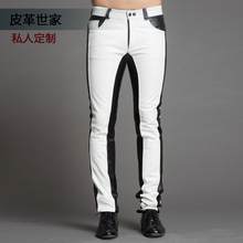 29-37 ! Men's New Clothing High Quality Fashion Color Block Genuine Leather Pants Calf Skin Leather Trousers Singer Costumes 2024 - buy cheap