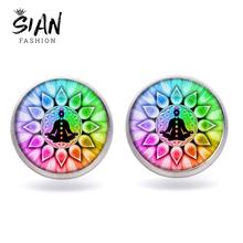 SIAN 7 Chakra Buddha Prayer Lotus Flower Earring Healing Yoga Mandala Om Symbol Crystal Stud Earrings Women Female Hope Jewelry 2024 - buy cheap