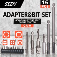 2020-SEDY 16Pcs/Set Drill Socket Adapter Magnetic Bit Impact Driver With Hex Shank to Square Socket Drill Bit Set Power Tools 2024 - buy cheap
