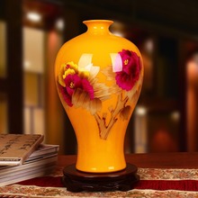 Jingdezhen cerâmica atacado fábrica de Flor Peônia Vaso Amarelo palha artesanato vaso de Decoração Para Casa ornamentos decorativos 2024 - compre barato