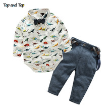 Partes de arriba de moda para bebé, ropa de manga larga con estampado de dinosaurio, Pelele con diseño de camisa + Pantalones de tirantes, conjunto de ropa para bebé de Caballero, 3 uds. 2024 - compra barato