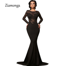 Ziamonga 2018 Fashion Elegant Long Sleeve Lace Insert Mermaid Bodycon Evening Party Dresses Women Sexy Long Dress Vestido Longo 2024 - buy cheap