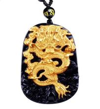 999 Medalhas de Ouro Amarelo Puro Inlay Natural Obsidian Black Jades Pingente de Dragão 2024 - compre barato