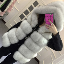 Colete feminino pele de raposa prateada, casaco médio longo com capuz luxuoso para outono e inverno 31172 2024 - compre barato