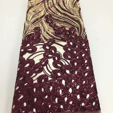 Best Selling African Lace Fabric Nigerian French Fabric 2019 High Quality Wine Red Gold French Tulle Lace Fabric With Sequins 2024 - buy cheap