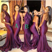 Purple Bridesmaid Dresses 2019 Mermaid Halter Neck Elastic Satin Long Wedding Guest Prom Party Gowns Open Back 2024 - buy cheap