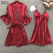BZEL Sexy Lace Robe Sets With Belt 2PCS Women's Satin Pijamas Set Nightgown Silk Summer Sleepwear Bathrobe Female Pijamas M-XL 2024 - buy cheap