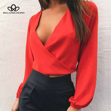 Bella Philosophy 2018 Winter Sexy Women Blouse Solid Full Sleeve V-Neck Female Clothes Casual Fashion Short Backless Clothes 2024 - buy cheap