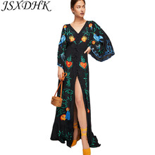 Jsxdhk vestido maxi de passarela boêmia, luxo, outono 2018, mulheres, bordado, floral, manga morcego, pescoço em v profundo, vestido de praia longo 2024 - compre barato