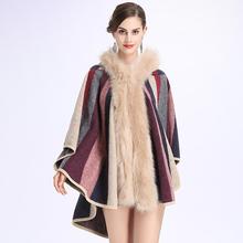 Europe 2019 autumn winter new Faux Fox Fur Collar Striped Hooded Cape Cloak coat women fashion Knit cardigan Outerwear w688 2024 - buy cheap