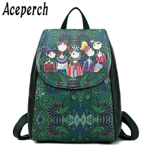 Aceperch mochila feminina de couro pu, bolsa de ombro para mulheres adolescentes estampa desenho animado mochila feminina 2024 - compre barato