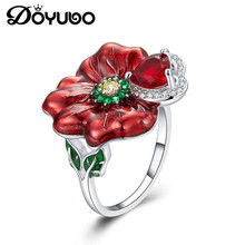 DOYUBO-Anillo de cobre con forma de flor roja esmaltada para mujer, diseño de marca, Vintage, anillo de boda para mujer, accesorios finos, EB005 2024 - compra barato