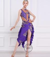 Vestido de competición de baile latino con diamantes de imitación, morado claro, personalizado, recorte trasero, Rumba, cha, salsa, tango 2024 - compra barato