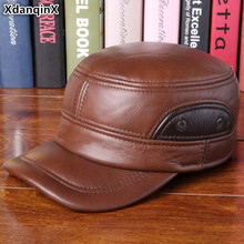 Мужская плоская шапка XdanqinX, шапки в стиле милитари из натуральной воловьей кожи, теплые зимне наушники шапка с регулируемым размером 2024 - купить недорого